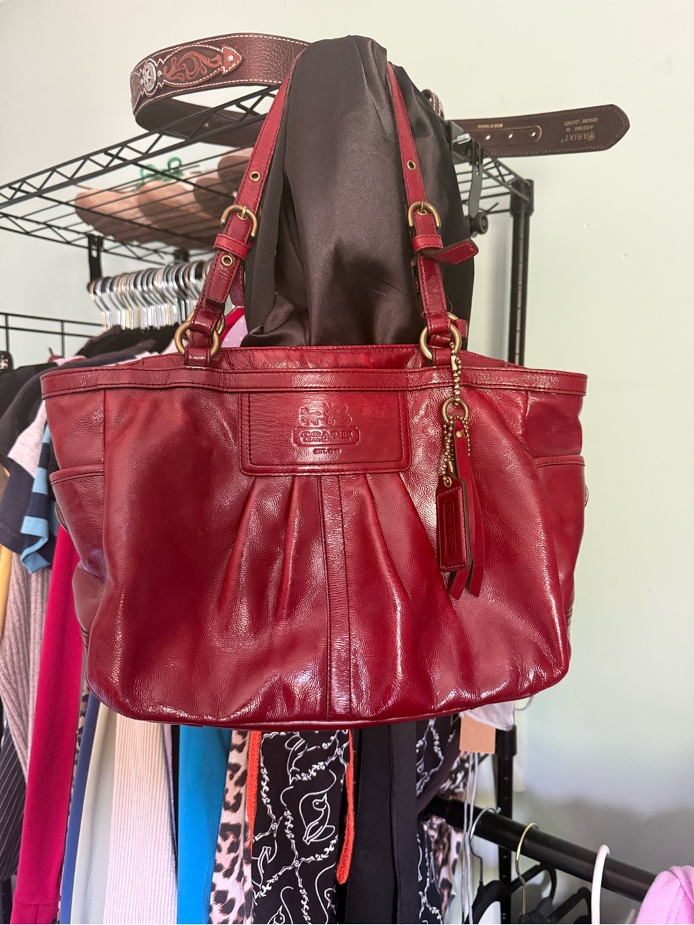 Coach Red Leather Shoulder Tote with Gold Hardware